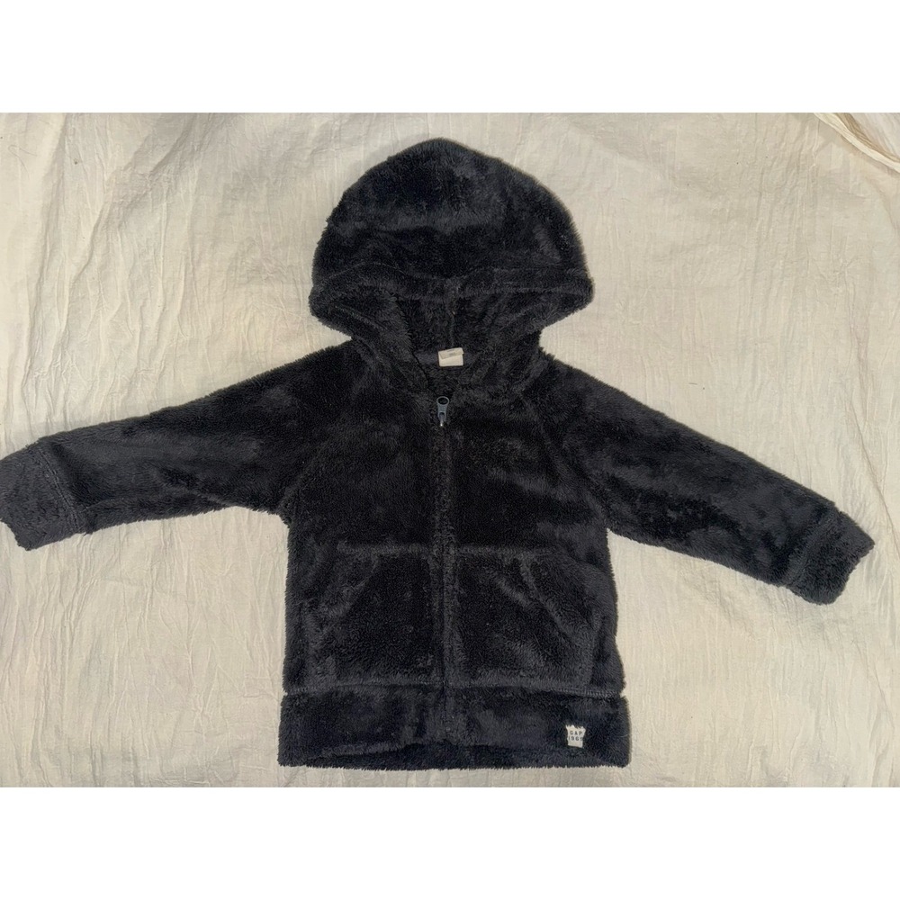 Baby Gap minky fleece faux fur full zip hoodie black toddler infant 18-24 months